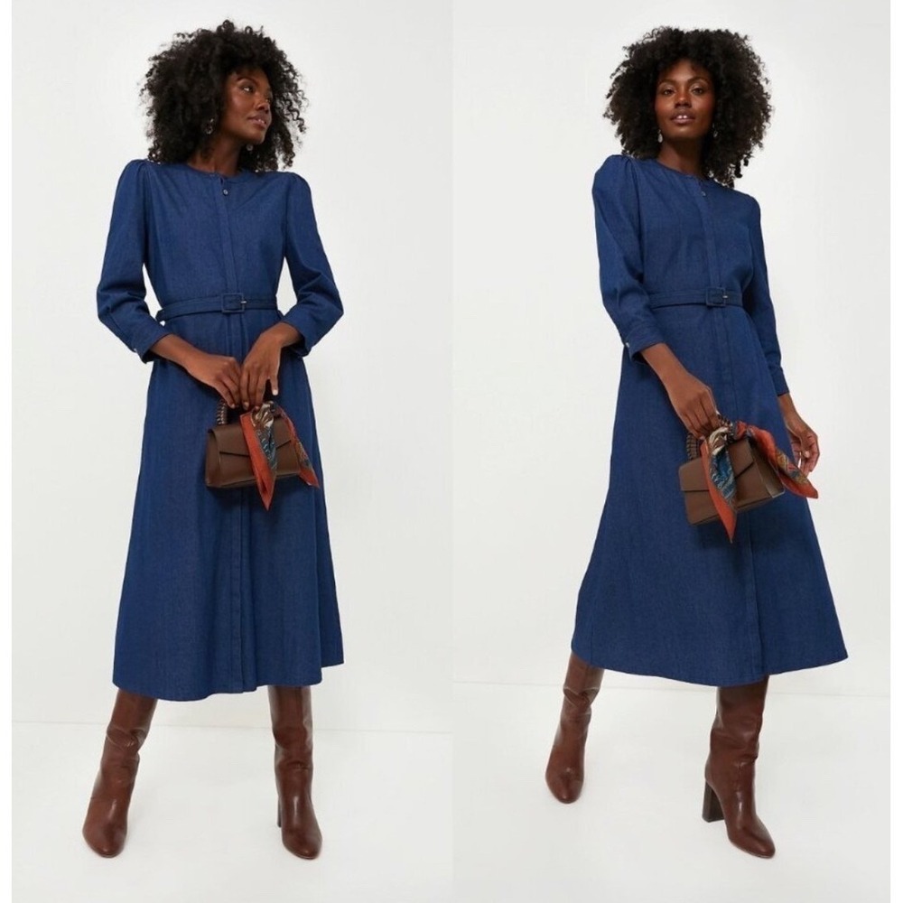 Tuckernuck Blue Denim Classic Catherine Puff Sleeve Midi Dress 2X Belted Button